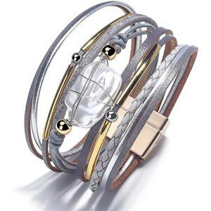 Bracelet for Women, Boho Leather Wrap Multi-Layer Pearl Crystal Bracelet Bangle